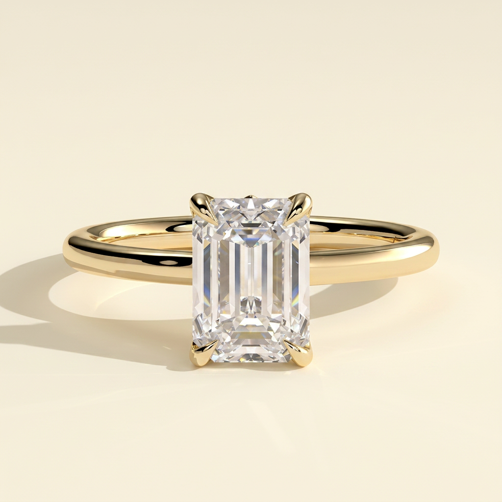 The Luvelle - Emerald Cut Lab Grown Diamond Claw Solitaire with Petal Gallery and Accent Leaf Detail Engagement Ring