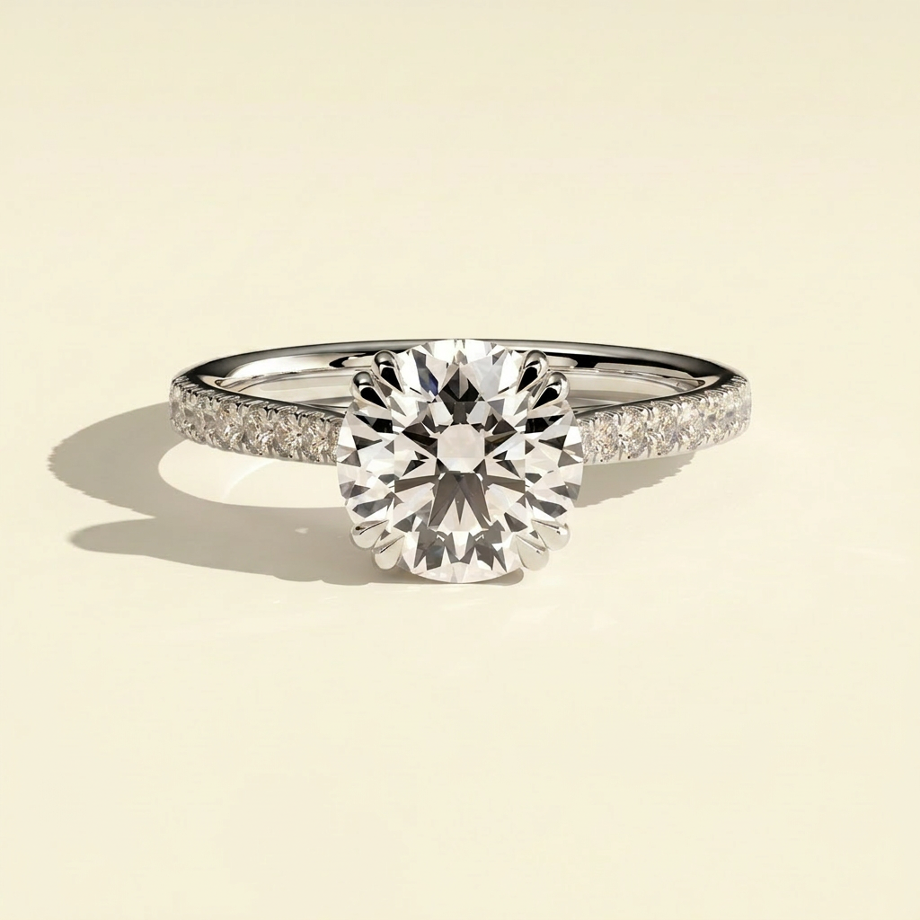 The Diela - Round Cut Lab Grown Diamond Ring with Hidden Halo & Pave Band