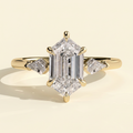 The Lavelle - Elongated Hexagon Cut Lab Grown Diamond Three Stone Engagement Ring with Kite Side Stones