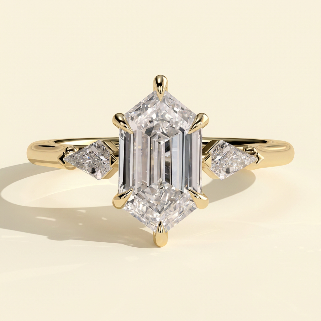 The Lavelle - Elongated Hexagon Cut Lab Grown Diamond Three Stone Engagement Ring with Kite Side Stones