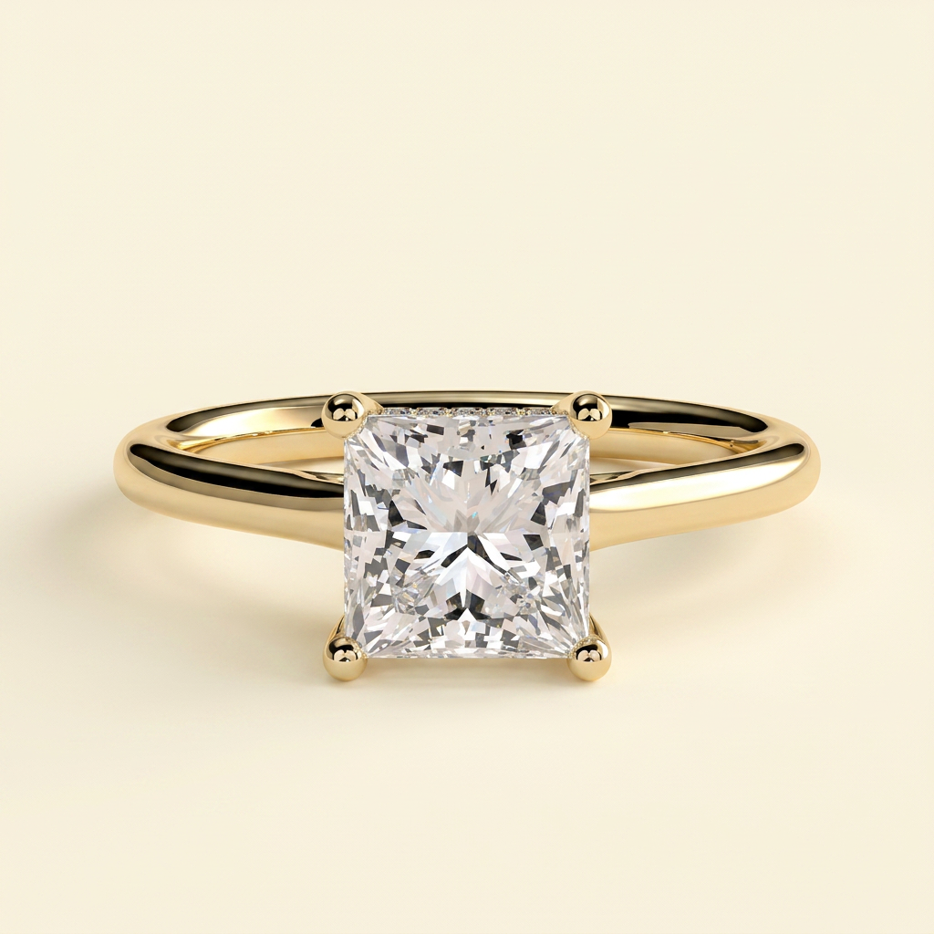 The Zemira - Princess Cut Lab Grown Diamond Hidden Halo Solitaire with Cathedral High Setting Engagement Ring
