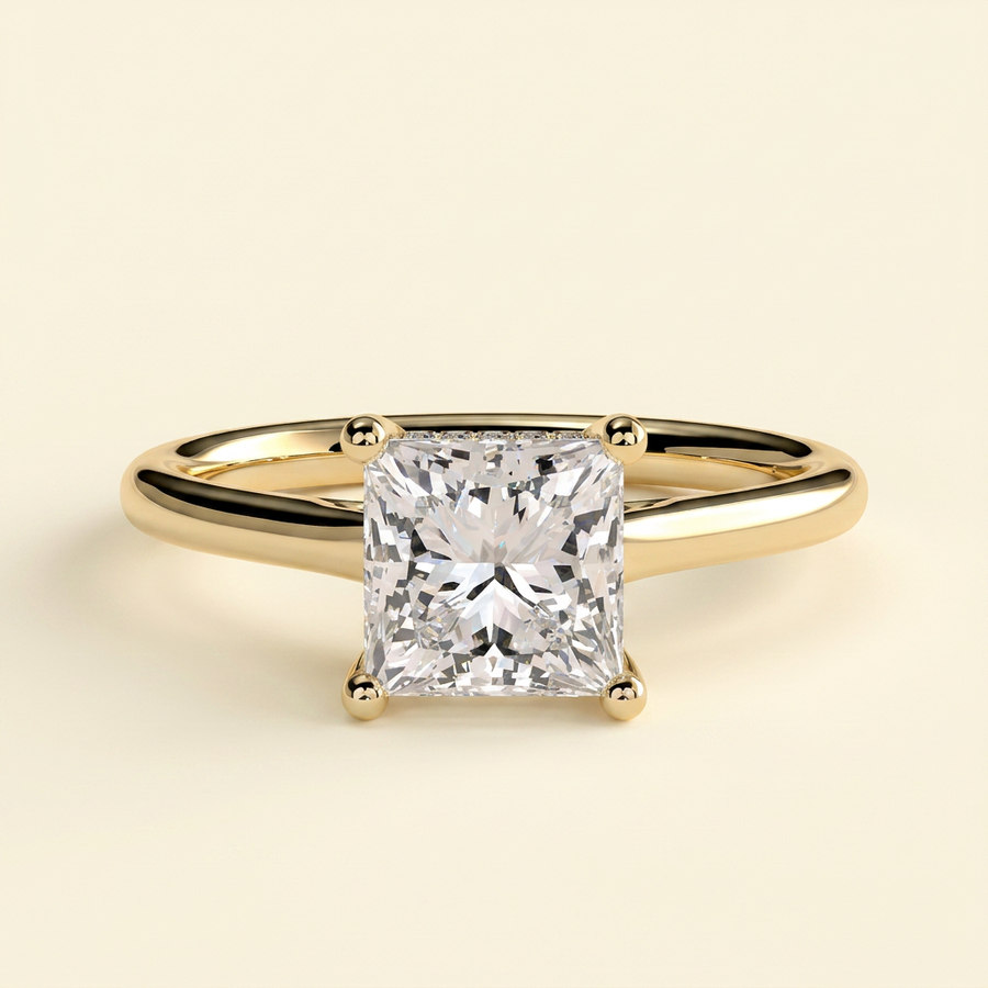 The Zemira - Princess Cut Lab Grown Diamond Hidden Halo Solitaire with Cathedral High Setting Engagement Ring - Yellow Gold