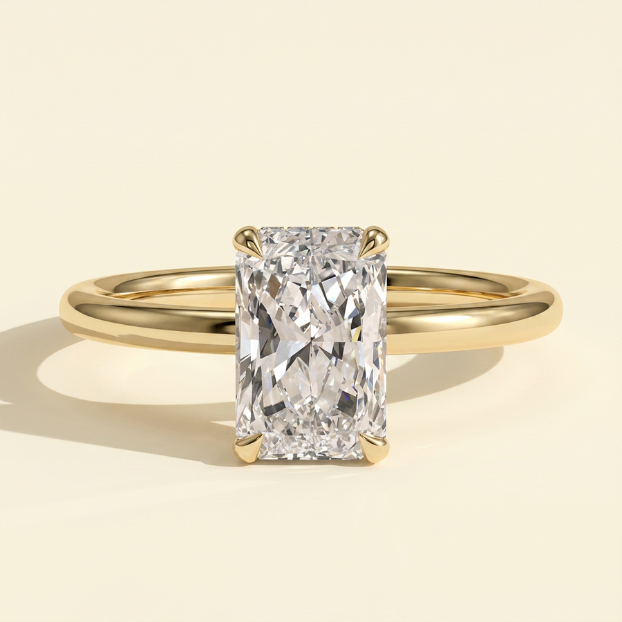 The Iliana - Radiant Cut Lab Grown Diamond Four Claw Solitaire with Wrap Around Hidden Halo Engagement Ring - Yellow Gold