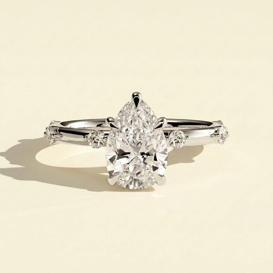 The Nixie - Pear Cut Lab Grown Diamond Ring with Hidden Halo and Accents - White Gold