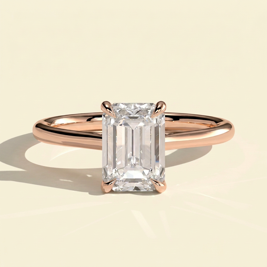 The Aurora - Emerald Cut Lab Grown Diamond Solitaire with Hidden Halo Ring - Rose Gold