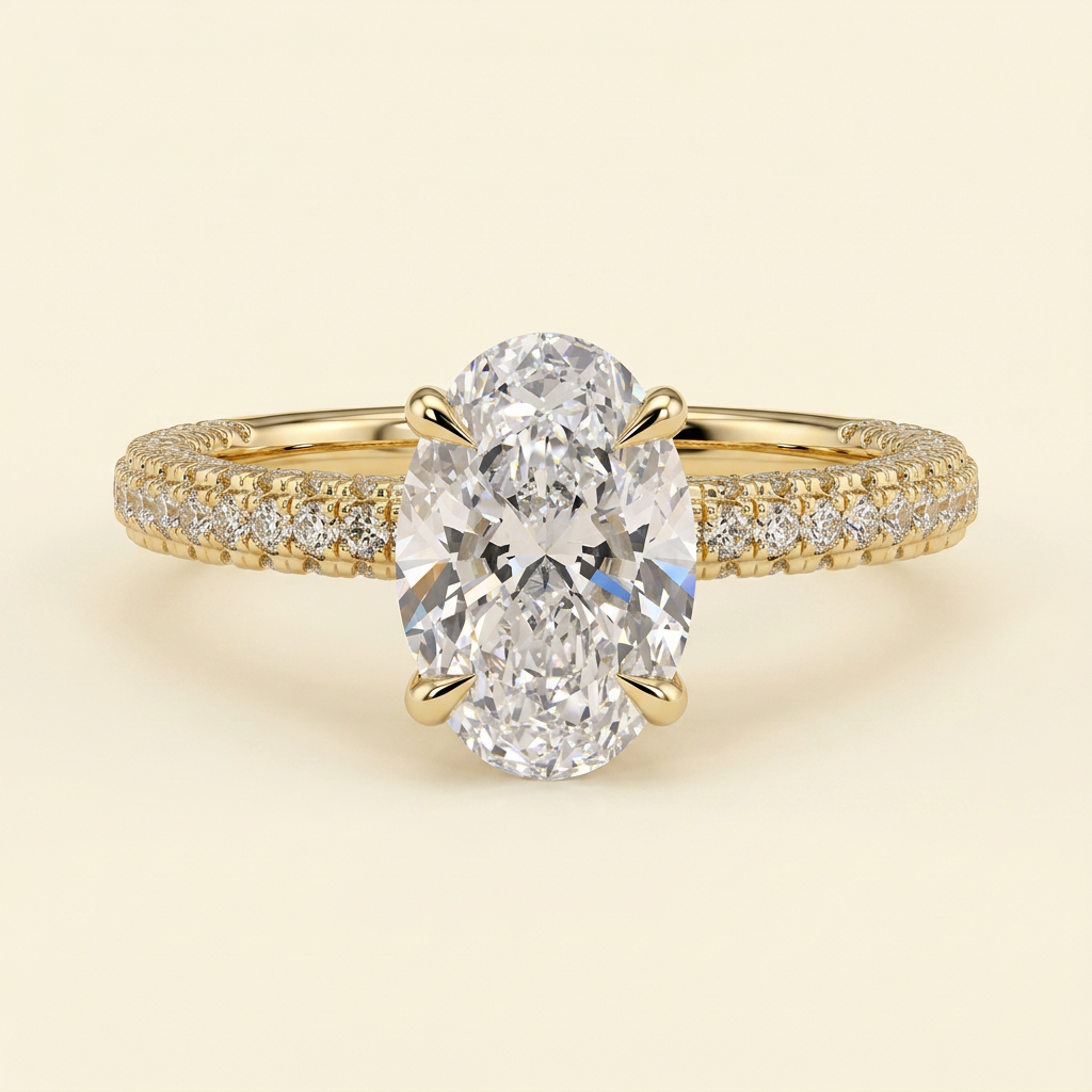 The Nella - Oval Cut Lab Grown Diamond Hidden Halo Solitaire with Triple Pave Band Engagement Ring