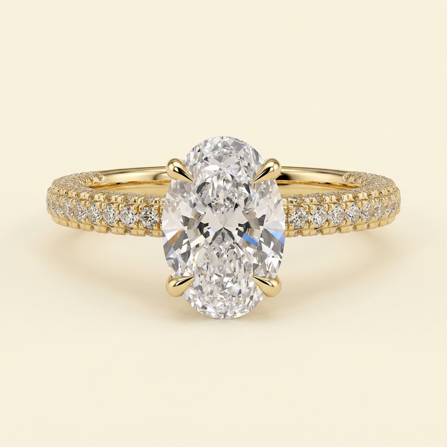 The Nella - Oval Cut Lab Grown Diamond Hidden Halo Solitaire with Triple Pave Band Engagement Ring - Yellow Gold