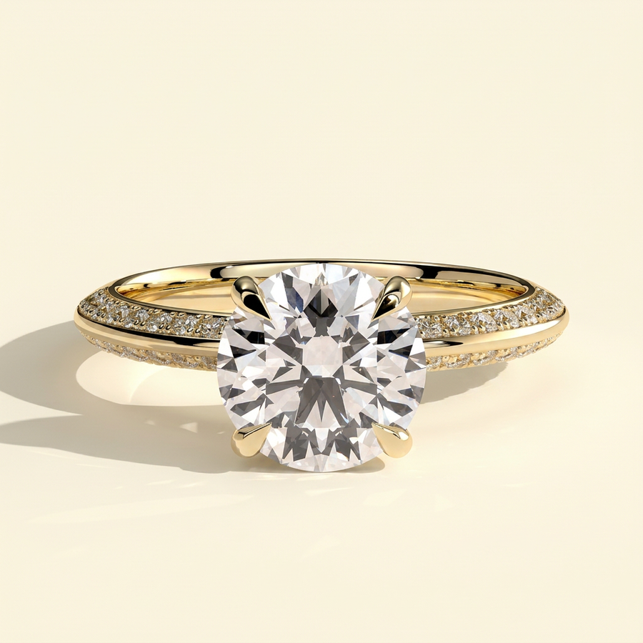 The Zaria - Round Cut Lab Grown Diamond Hidden Halo Solitaire with Knife Edge Pave Band Engagement Ring - Yellow Gold