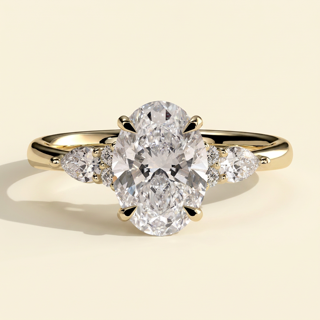 The Rialta - Oval Cut Lab Grown Diamond Three Stone Engagement Ring with Pear and Round Side Stones