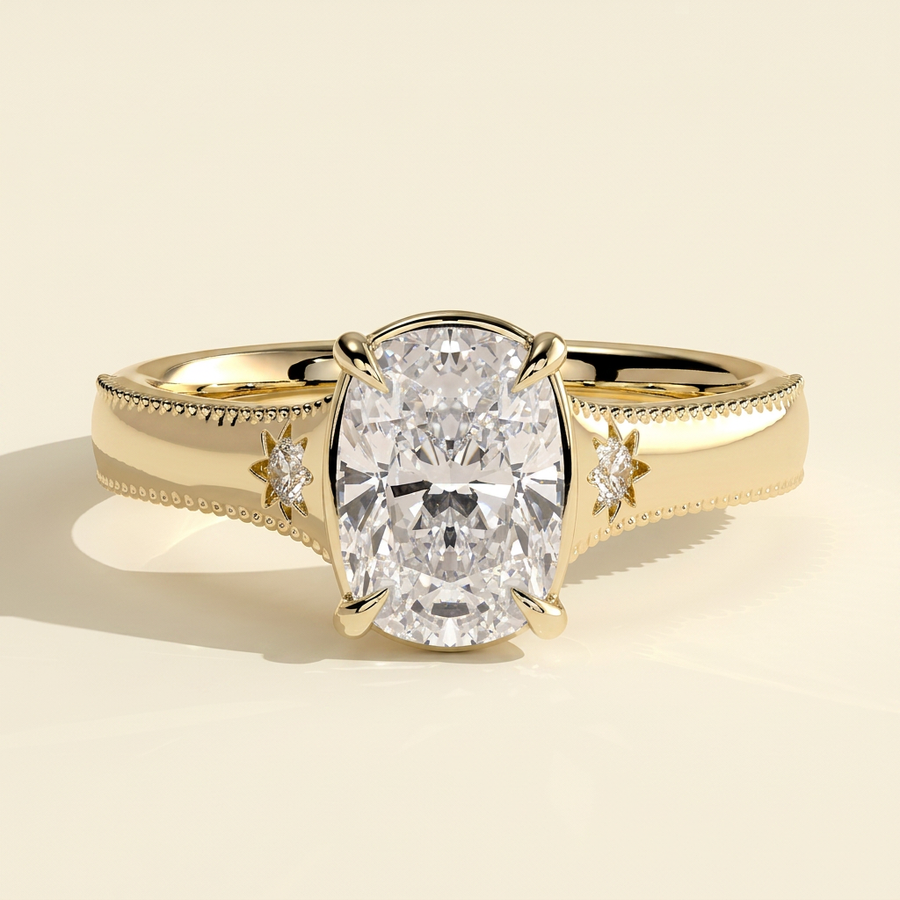 The Elysse - Elongated Cushion Cut Lab Grown Diamond Vintage Bezel Solitaire with Star Set Accents and Milgrain Engagement Ring - Yellow Gold