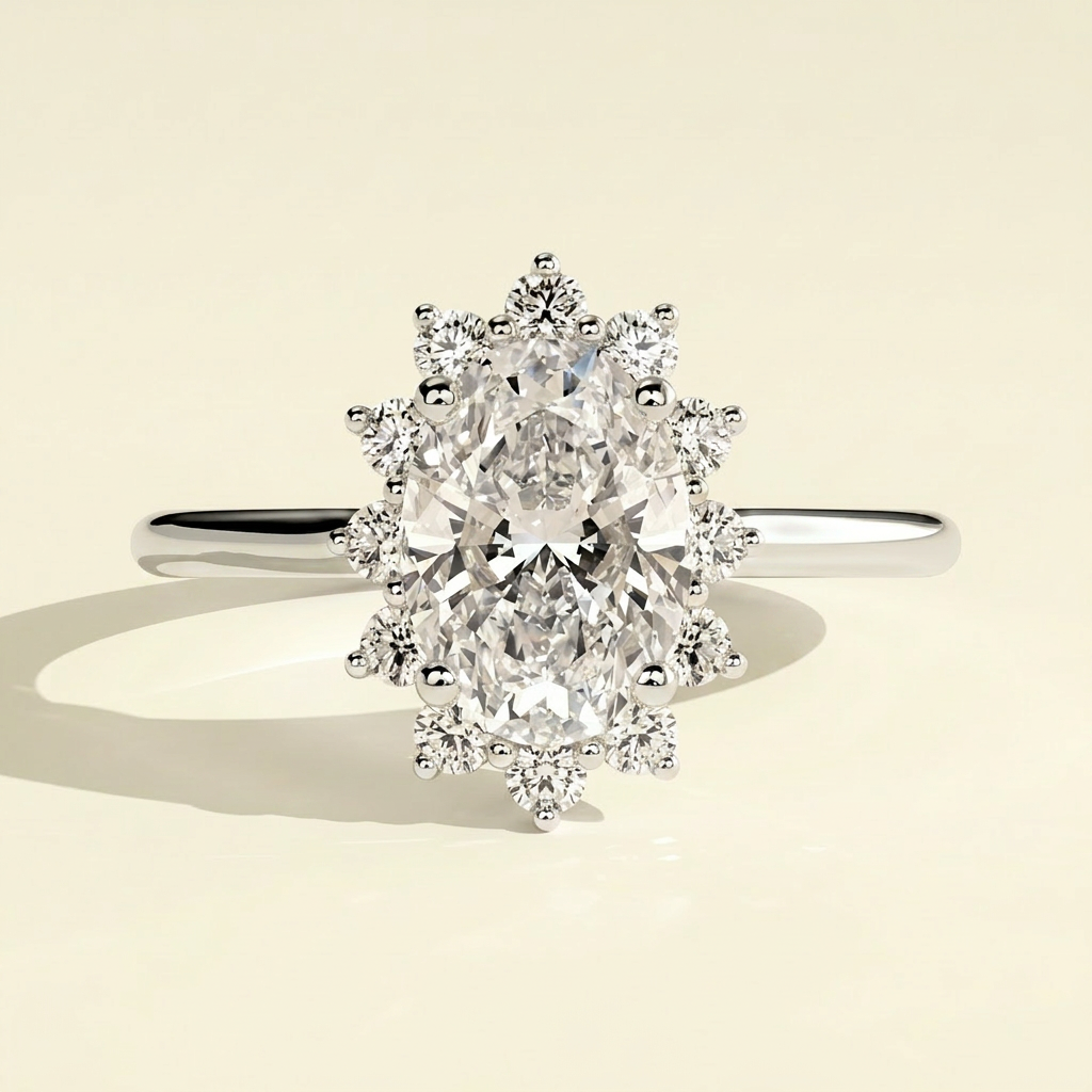 The Keila - Oval Cut Lab Grown Diamond Solitaire with Sunburst Halo Ring