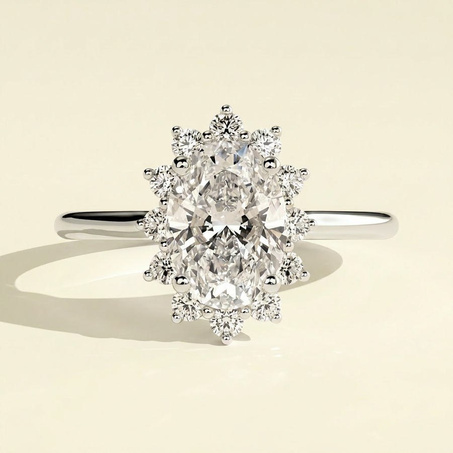 The Keila - Oval Cut Lab Grown Diamond Solitaire with Sunburst Halo Ring - White Gold