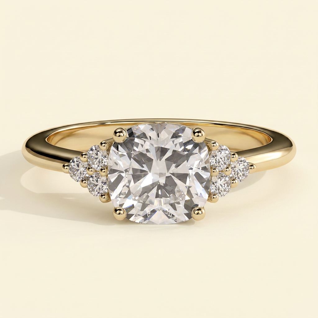 The Starla - Cushion Cut Lab Grown Diamond Four Claw Low Set Solitaire with Round Side Stones Engagement Ring