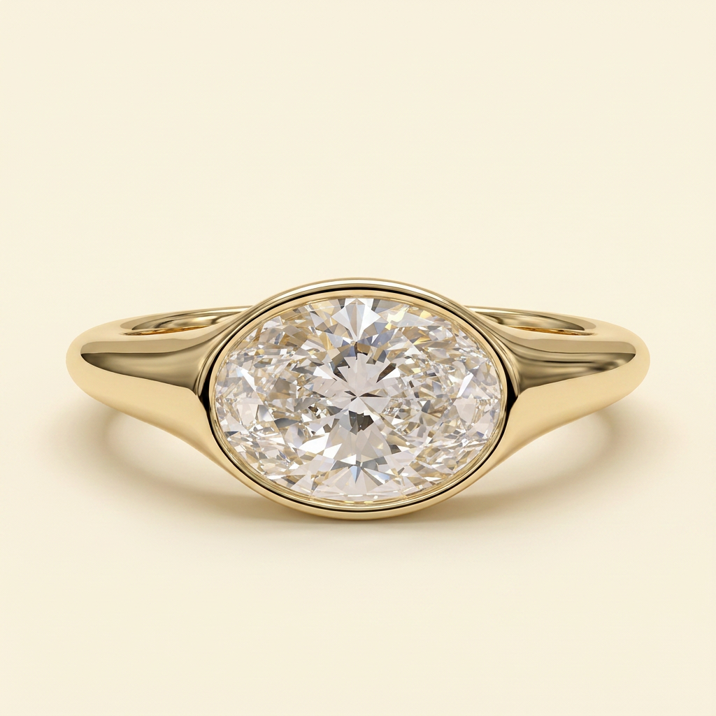 The Colette - Oval Cut Lab Grown Diamond East West Bezel Set Solitaire with Signet Band Engagement Ring