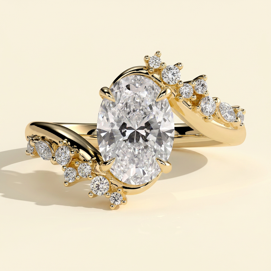 The Lelia - Oval Cut Lab Grown Diamond Bypass Band Engagement Ring with Accent Clusters - Yellow Gold