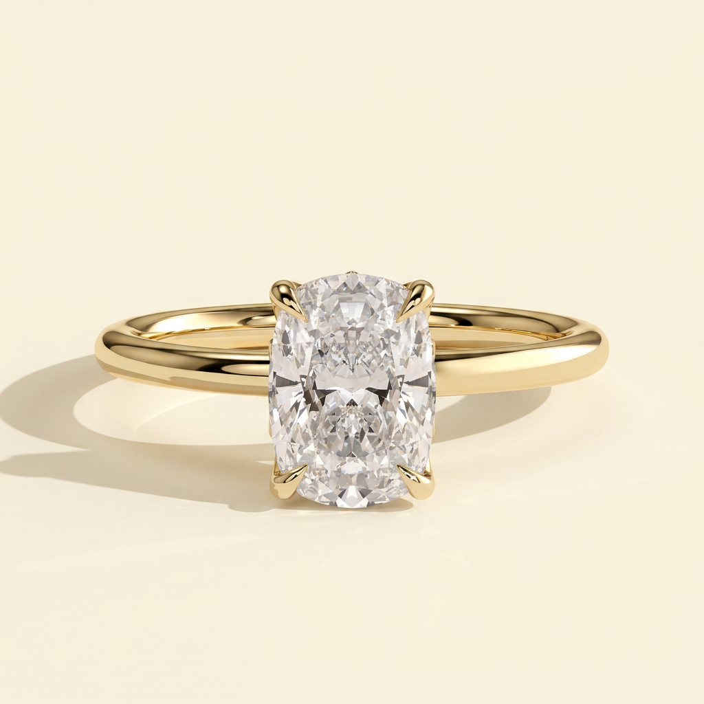 The Ulani - Elongated Cushion Cut Lab Grown Diamond Claw Solitaire with Petal Gallery and Accent Leaf Detail Engagement Ring