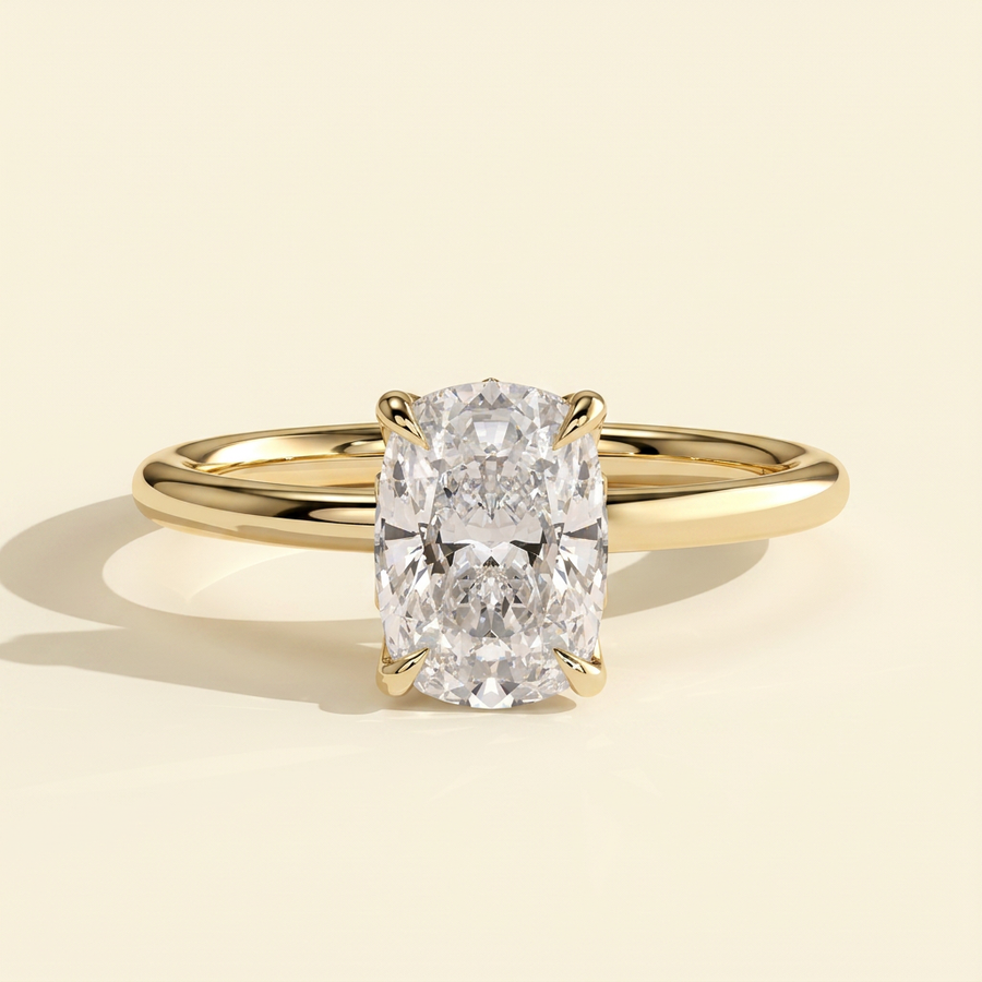 The Ulani - Elongated Cushion Cut Lab Grown Diamond Claw Solitaire with Petal Gallery and Accent Leaf Detail Engagement Ring - Yellow Gold