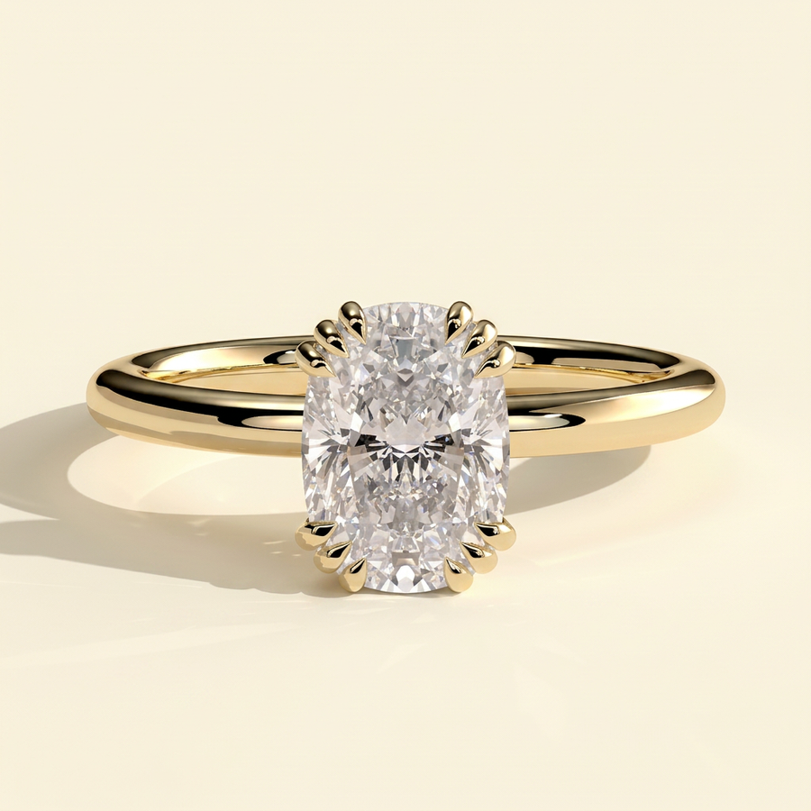 The Gaia - Elongated Cushion Cut Lab Grown Diamond Triple Split Claw Engagement Ring - Yellow Gold