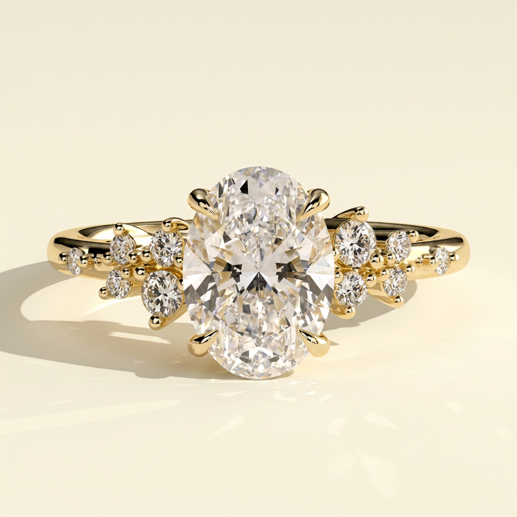 The Kessa - Oval Lab Grown Diamond Solitaire with Clustered Round Shoulder Stones Ring