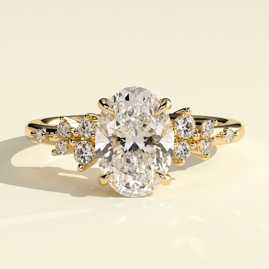 The Kessa - Oval Lab Grown Diamond Solitaire with Clustered Round Shoulder Stones Ring - Yellow Gold