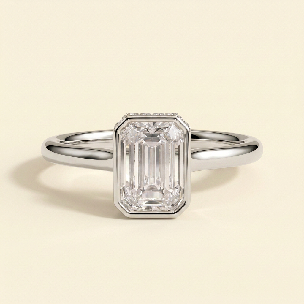 The Eviana - Emerald Cut Lab Grown Diamond Deep Bezel Solitaire with Hidden Halo and Cathedral High Setting Engagement Ring