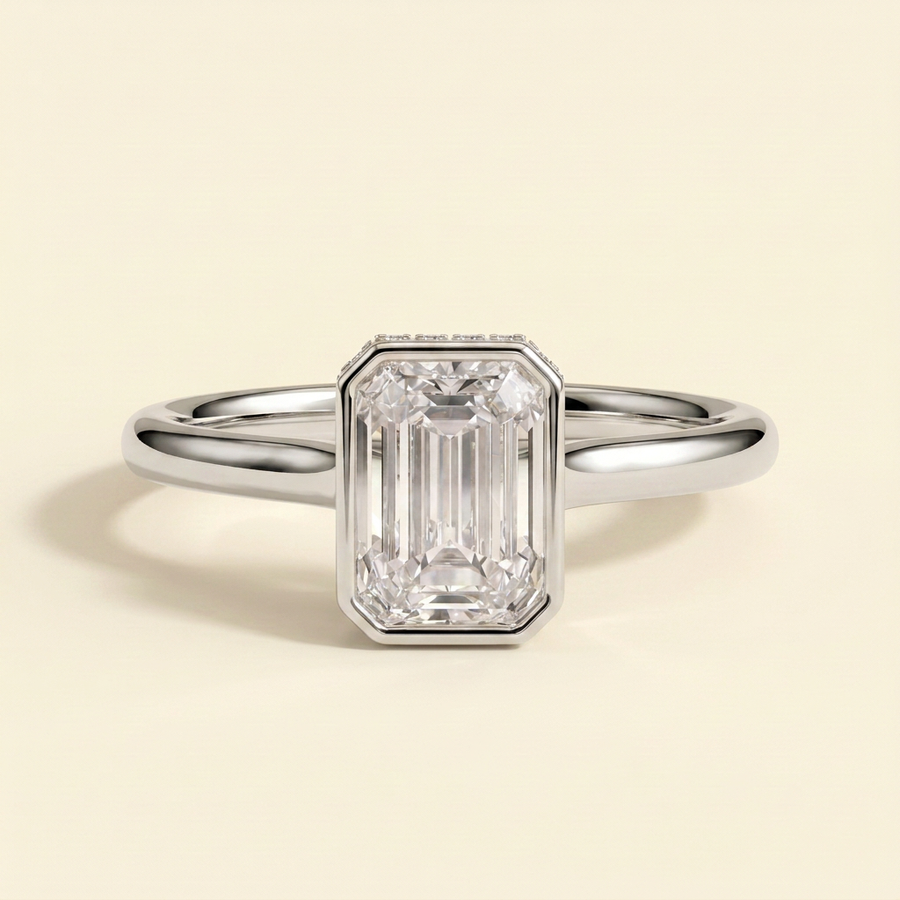The Eviana - Emerald Cut Lab Grown Diamond Deep Bezel Solitaire with Hidden Halo and Cathedral High Setting Engagement Ring - White Gold