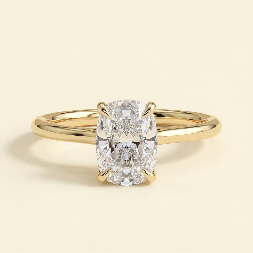 The Karisa - Elongated Cushion Cut Lab Grown Diamond Four Claw Solitaire with Hidden Halo Engagement Ring