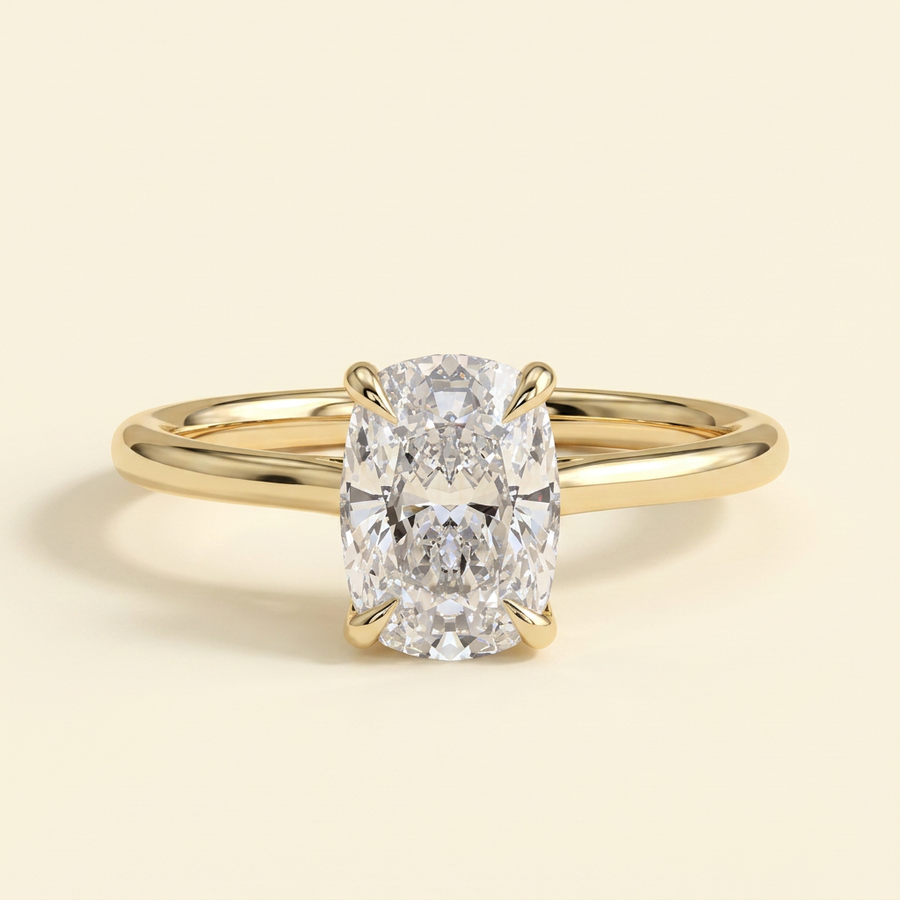 The Karisa - Elongated Cushion Cut Lab Grown Diamond Four Claw Solitaire with Hidden Halo Engagement Ring - Yellow Gold