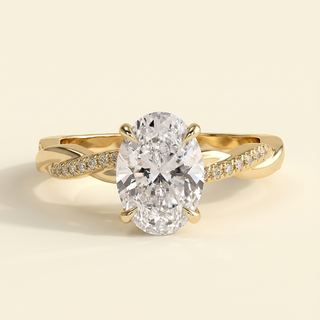 The Runa - Oval Cut Lab Grown Diamond Hidden Halo Solitaire with Braided Pave Band Engagement Ring