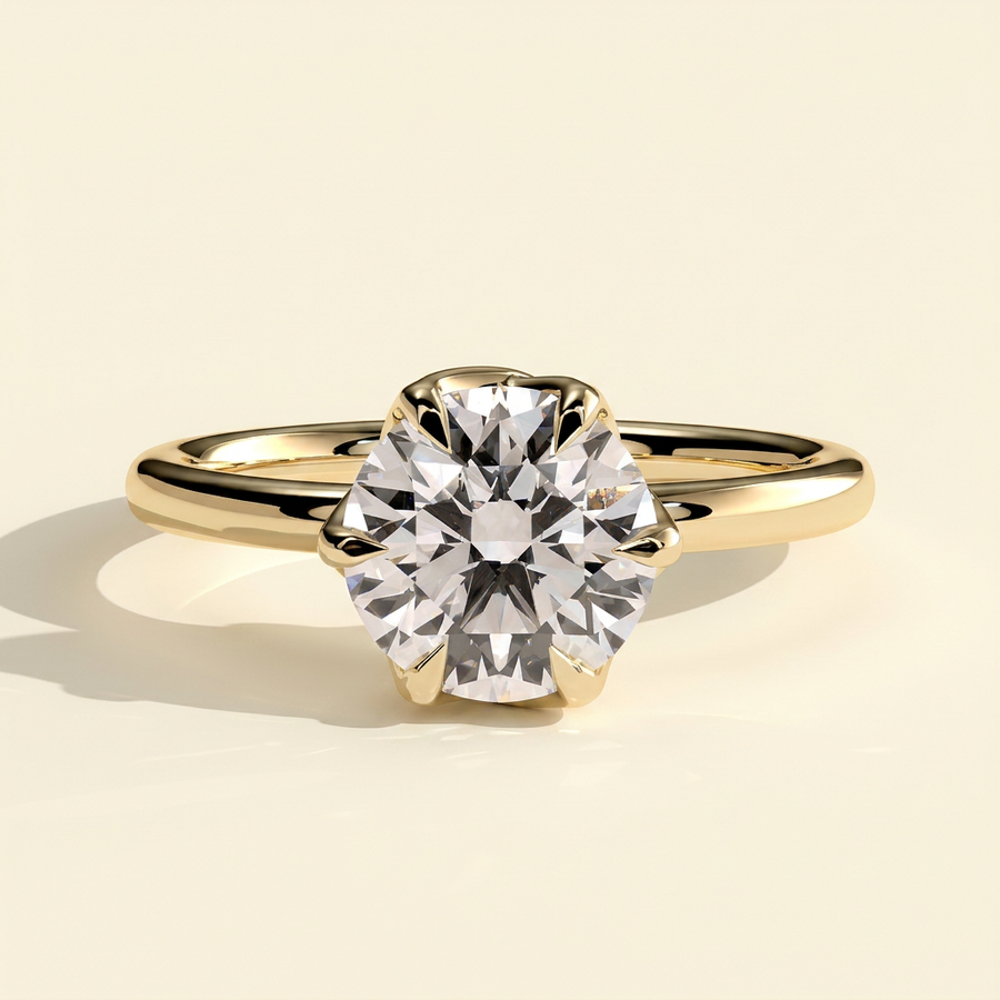The Brielle - Round Cut Lab Grown Diamond Crossover Claw Solitaire with Rose Petal Gallery Engagement Ring - Yellow Gold