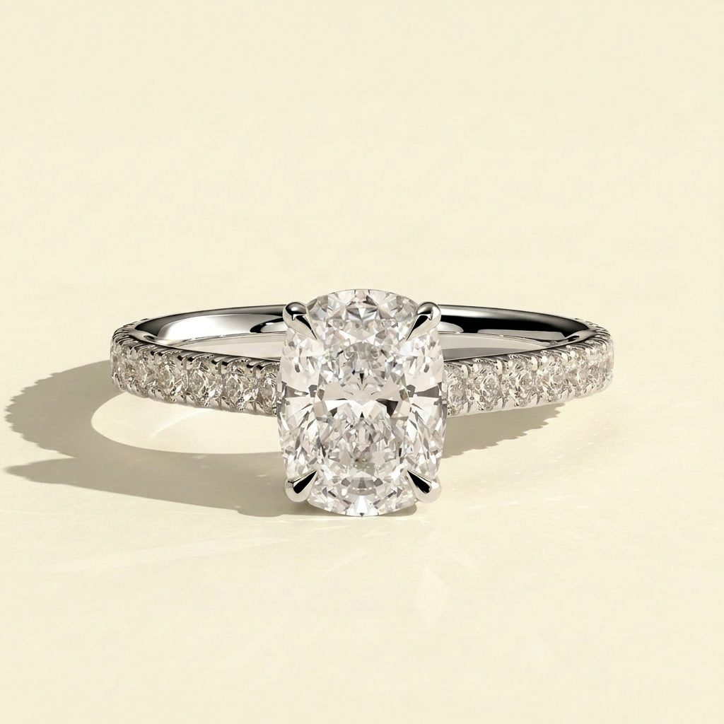The Kiana - Elongated Cushion Lab Diamond Ring with Hidden Halo and Pave