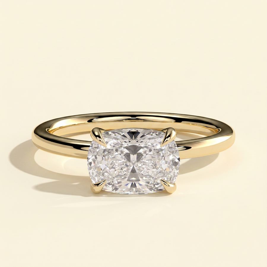 The Myla - Elongated Cushion Cut Lab Grown Diamond East West Four Claw Solitaire Engagement Ring - Yellow Gold