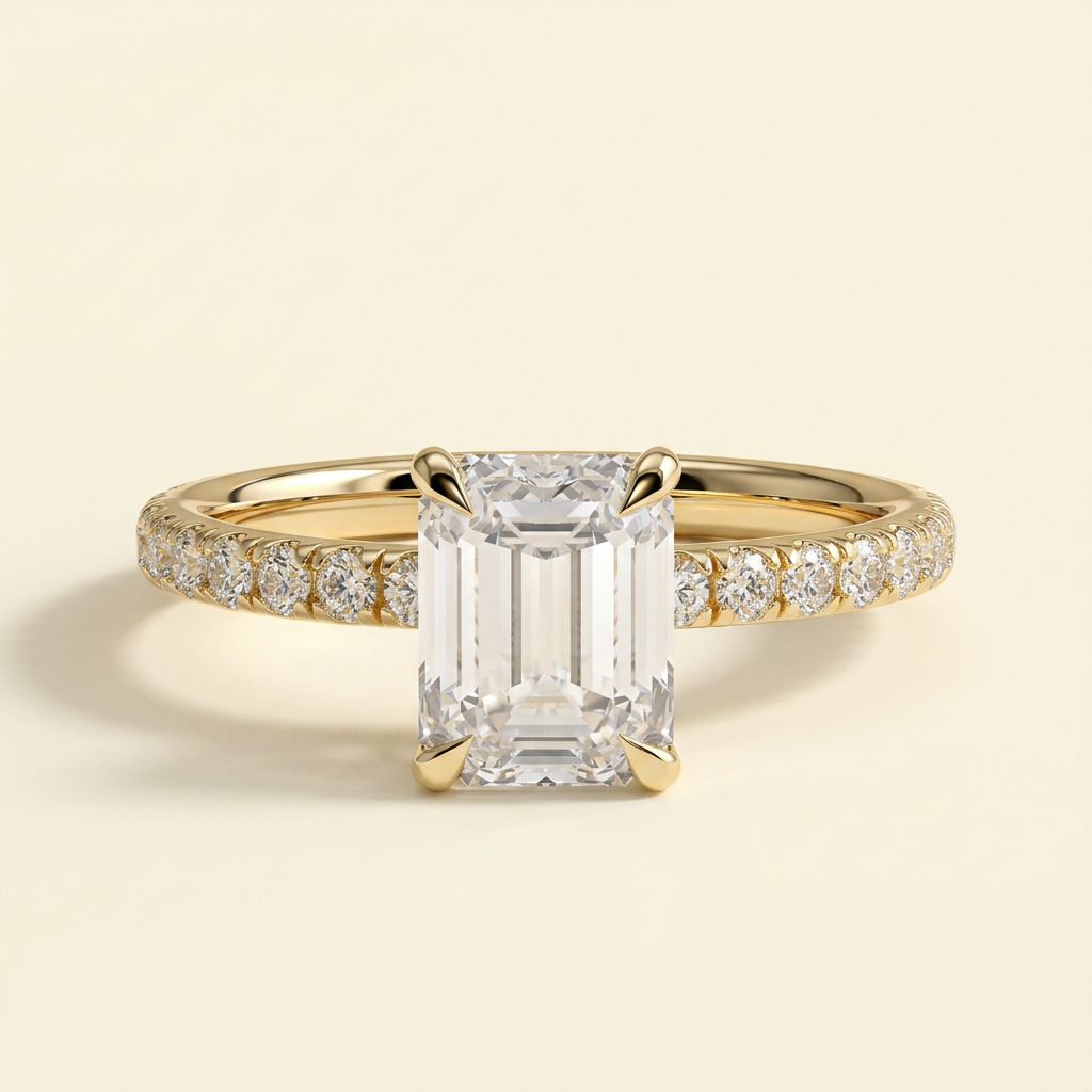 The Livia - Emerald Cut Lab Grown Diamond Solitaire Engagement Ring with Hidden Halo and Pave Band