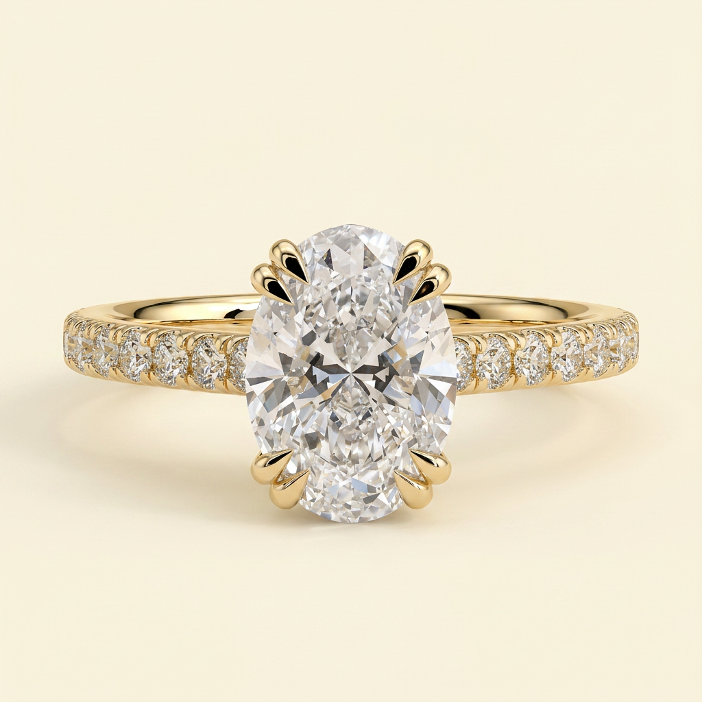 The Arvelle - Oval Cut Lab Grown Diamond Double Claw Solitaire with Hidden Halo and Pave Band Engagement Ring