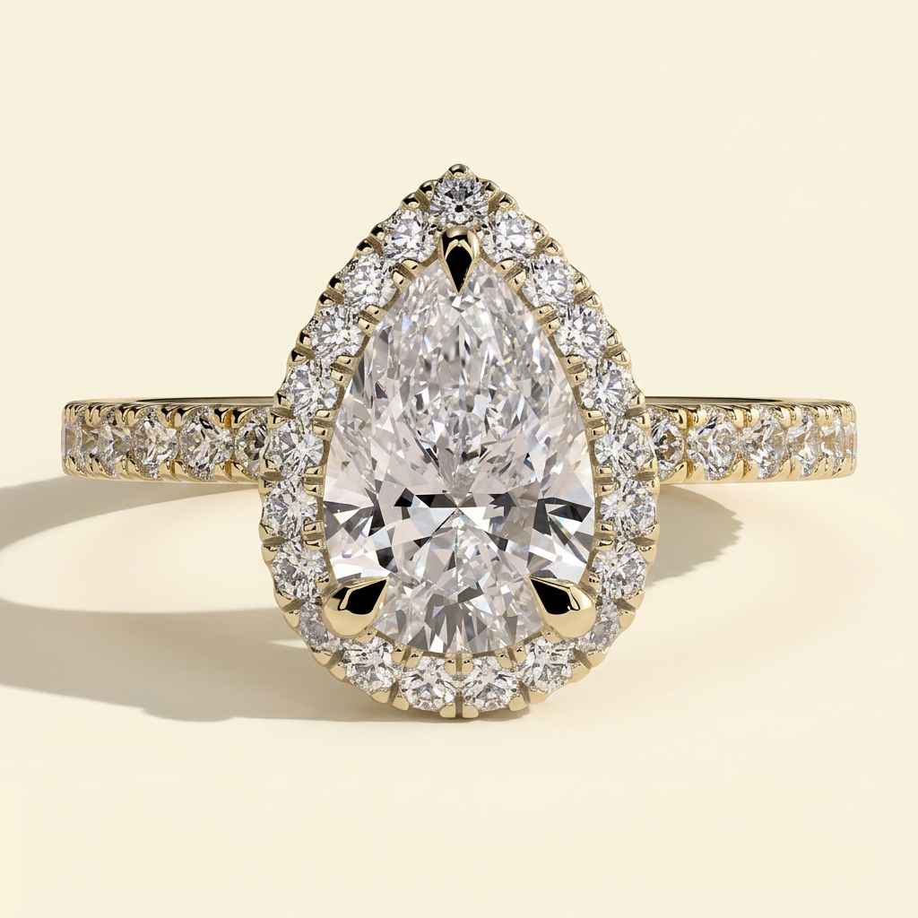 The Minelle - Pear Cut Lab Grown Diamond Three Claw Halo with Pave Band Engagement Ring