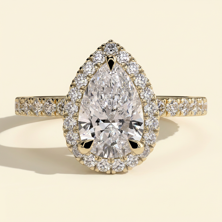 The Minelle - Pear Cut Lab Grown Diamond Three Claw Halo with Pave Band Engagement Ring - Yellow Gold
