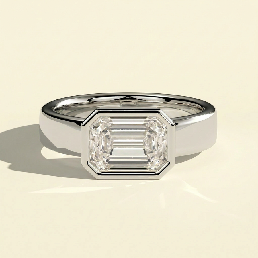 The Jules - East West Emerald Cut Lab Grown Diamond Bezel Engagement Ring - White Gold