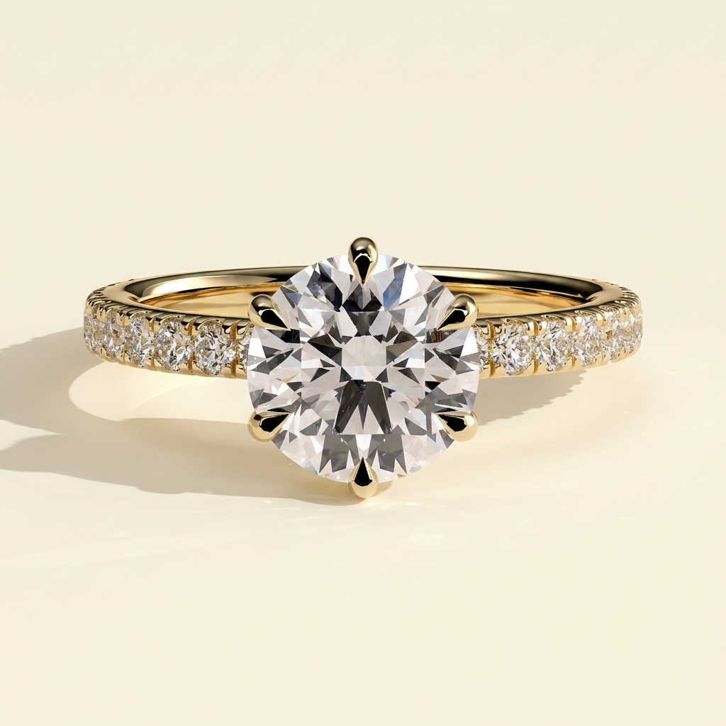 The Mirelle - Round Cut Lab Grown Diamond Hidden Halo Solitaire with Pave Collar and Pave Band Engagement Ring
