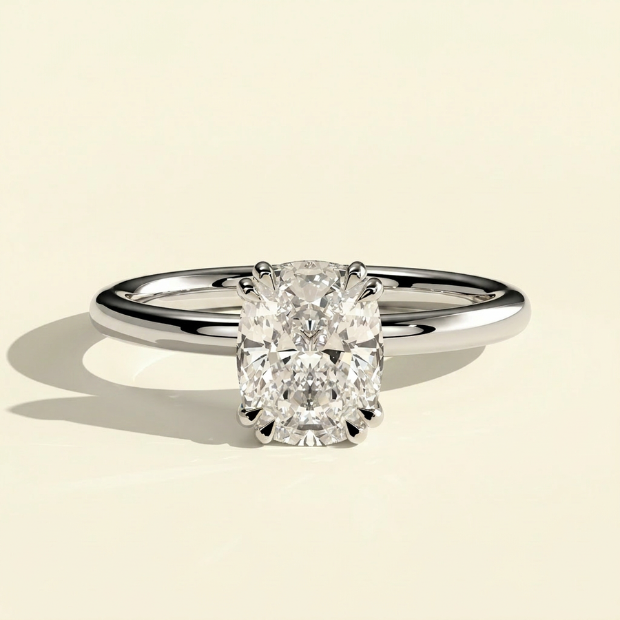 The Elara - Elongated Cushion Cut Lab Grown Diamond Ring with Hidden Halo - White Gold