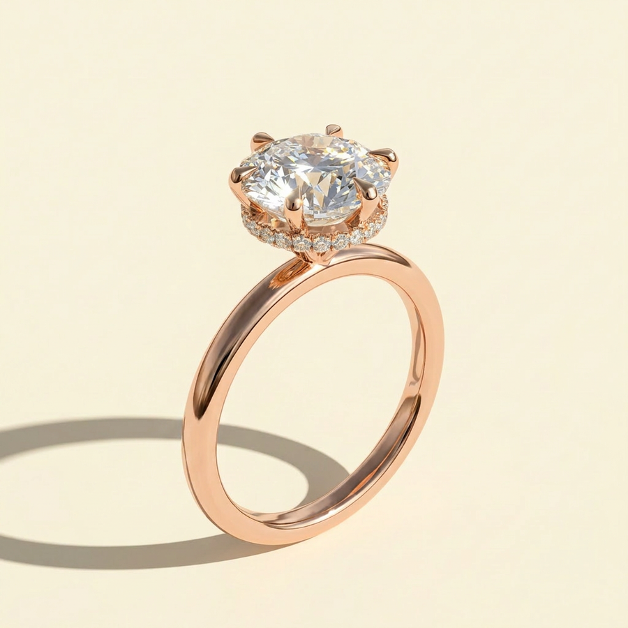 The Demira - Round Lab Grown Diamond Engagement Ring with Wrap Hidden Halo - Rose Gold
