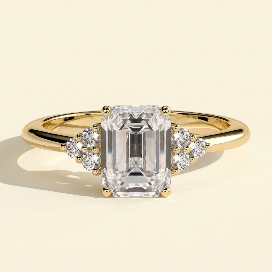 The Serene - Emerald Cut Lab Grown Diamond Low Set Solitaire with Round Shoulder Stones Engagement Ring - Yellow Gold