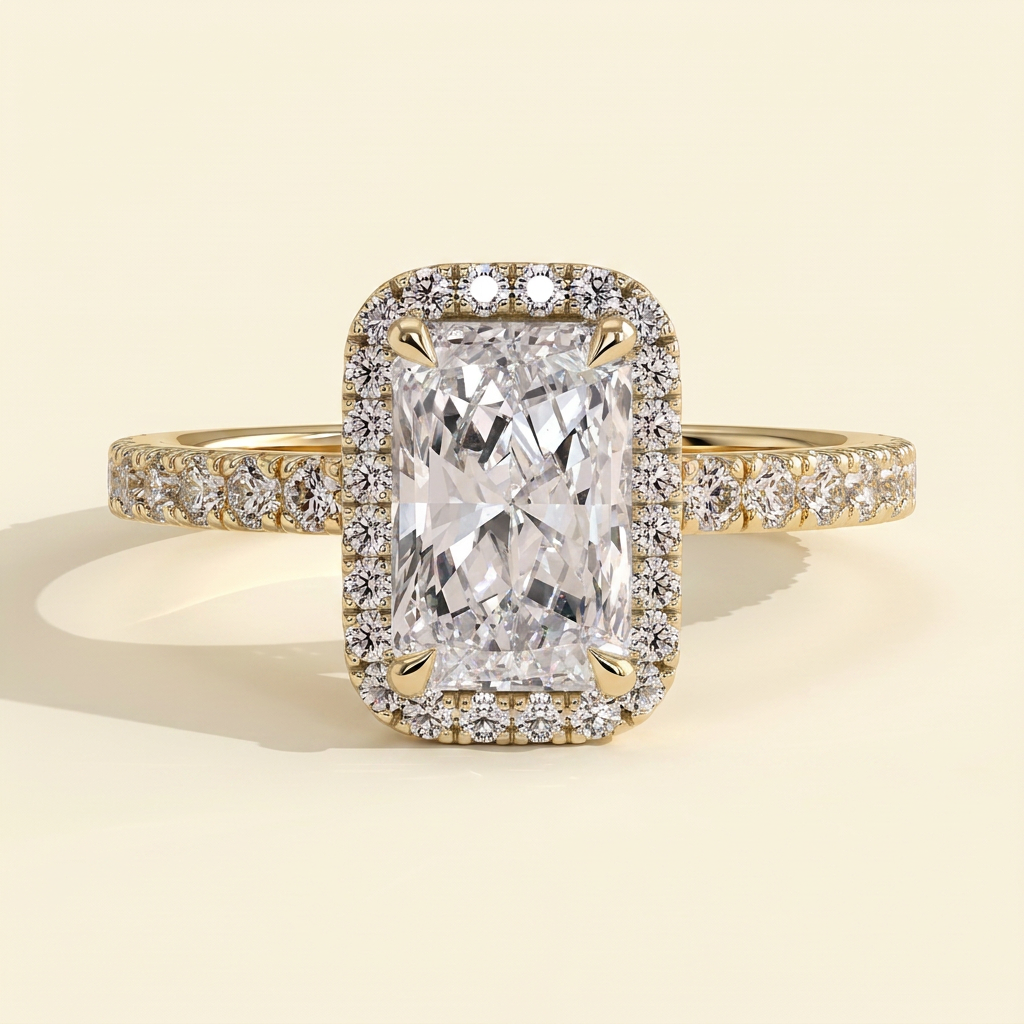 The Ezara - Radiant Cut Lab Grown Diamond Solitaire with Halo and Pave Band Engagement Ring
