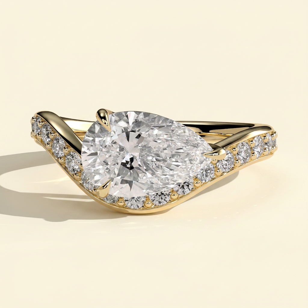 The Prima - East West Pear Lab Grown Diamond Engagement Ring with Wave Pave Band