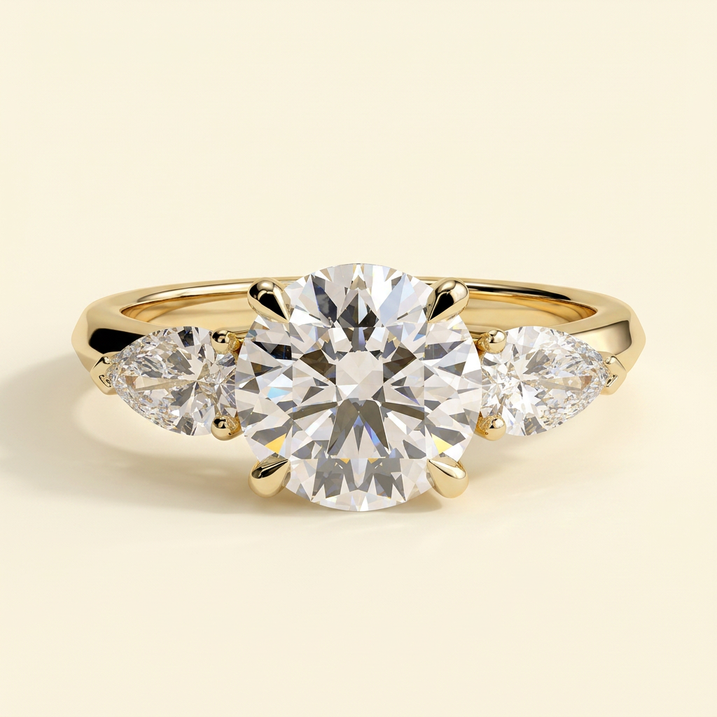 The Regalia - Round Cut Lab Grown Diamond Three Stone Engagement Ring with Pear Side Stones