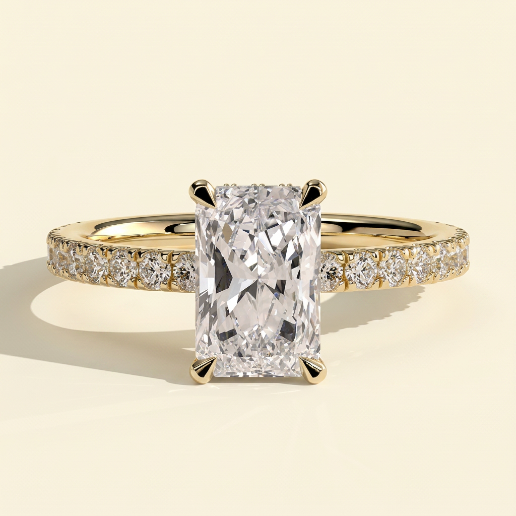 The Laela - Radiant Lab Grown Diamond Solitaire with Wrap Around Hidden Halo and Pave Band Ring