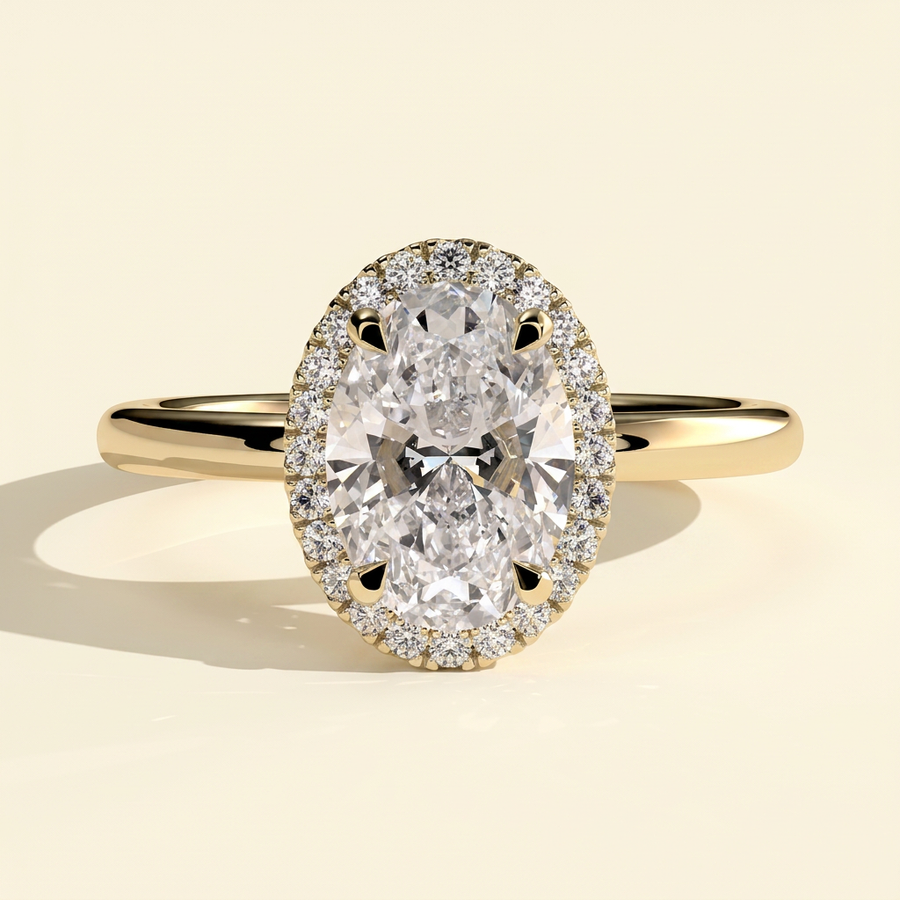 The Sonelle - Oval Cut Lab Grown Diamond Four Claw Halo Engagement Ring - Yellow Gold