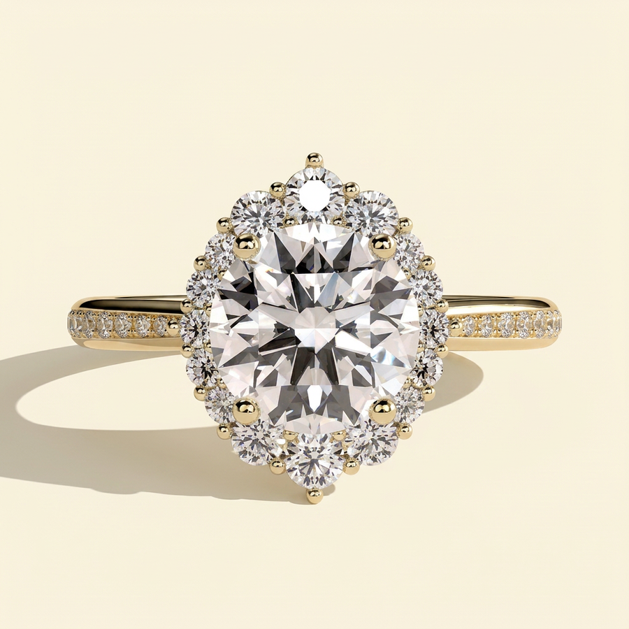 The Halia - Round Cut Lab Grown Diamond Vintage Halo Engagement Ring with Bead Set Micropave Band - Yellow Gold