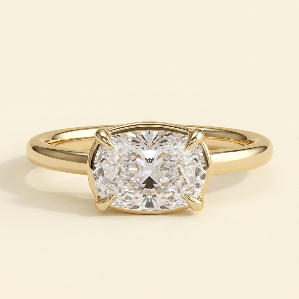 The Vera - East West Elongated Cushion Cut Lab Diamond Solitaire with Bezel Frame Ring