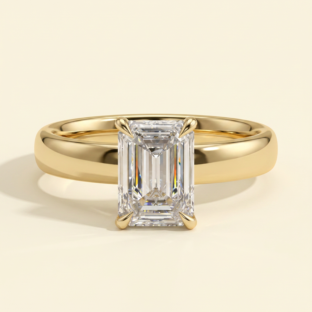The Hera - Emerald Cut Lab Grown Diamond Hidden Halo Solitaire with Cigar Band Engagement Ring