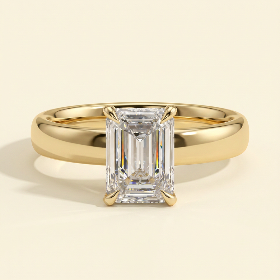 The Hera - Emerald Cut Lab Grown Diamond Hidden Halo Solitaire with Cigar Band Engagement Ring - Yellow Gold